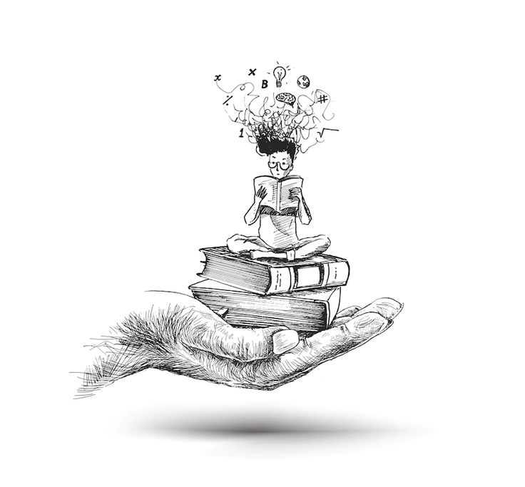 a hand holding a stack of books with an image of a woman sitting on top of it