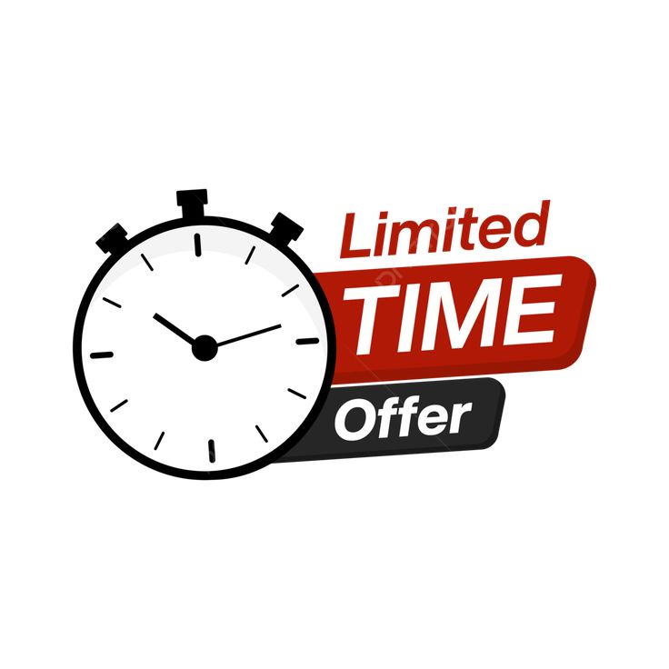 a clock with the words limited time offer on it's side and red banner