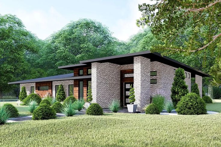 this is a computer rendering of a modern house in the middle of trees and grass