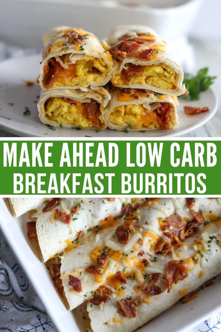 breakfast burritos with eggs and bacon are stacked on top of each other in a white casserole dish