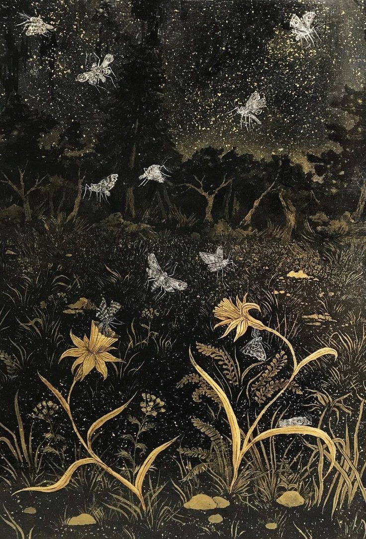 an image of birds flying in the night sky over flowers and grass with stars above