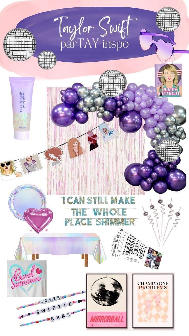 a collage of purple and silver items with the words taylor swift birthday inspo