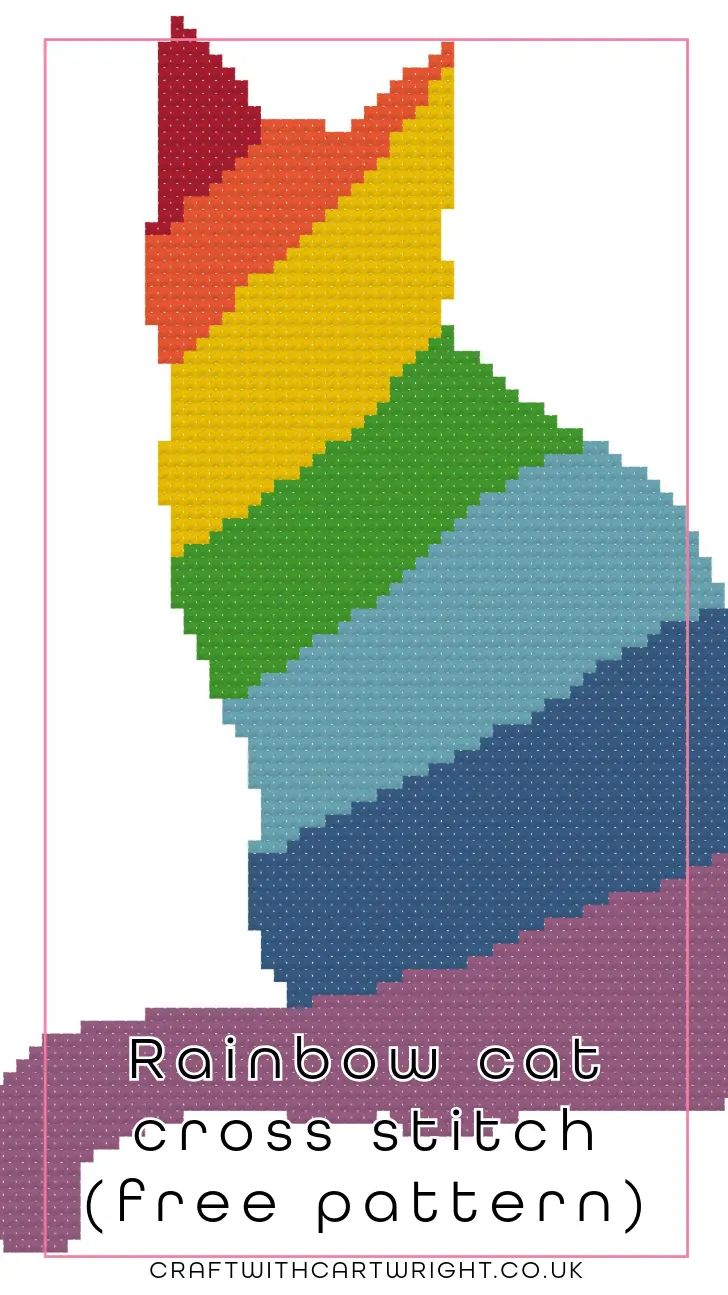 the rainbow cat cross stitch pattern is shown with text overlays that reads, free pattern