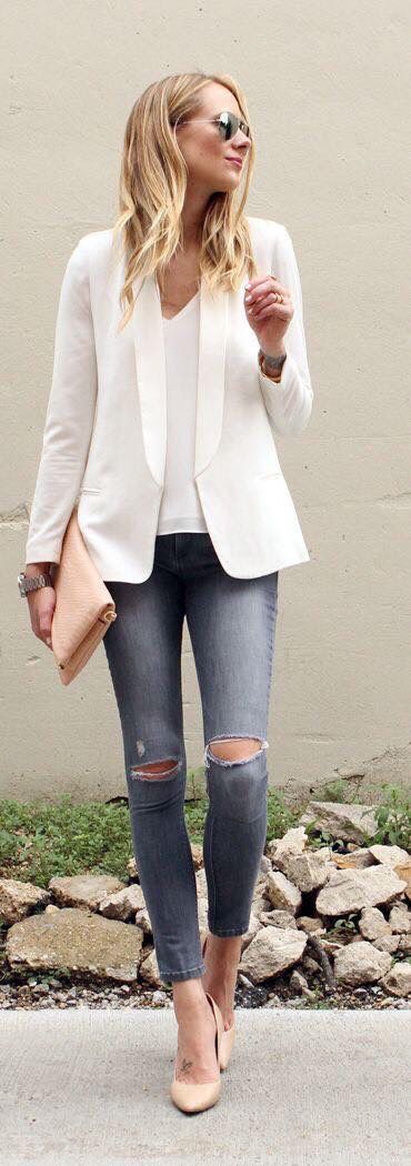 . White Blazer Outfits, Blazer Casual, Outfit Chic, Dress Simple, Simple Chic, Casual Work Outfits, Blazer Outfits, 가을 패션, White Blazer