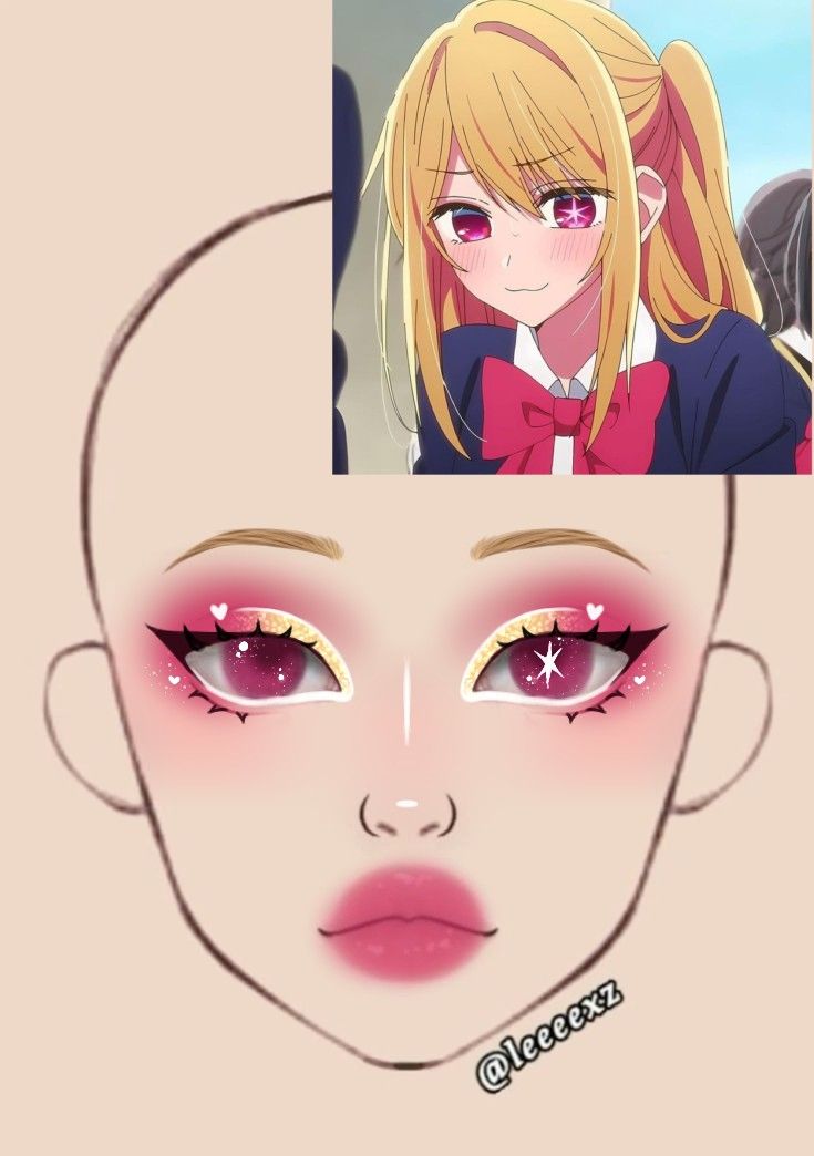 Kawaii Makeup Tutorial Doll, Anime Makeup Drawing, Manga Makeup Anime, Easy Anime Makeup, Anime Face Makeup, Anime Inspired Makeup Looks, My Melody Inspired Makeup, Cute Anime Makeup Looks, Makeup Ideas Anime