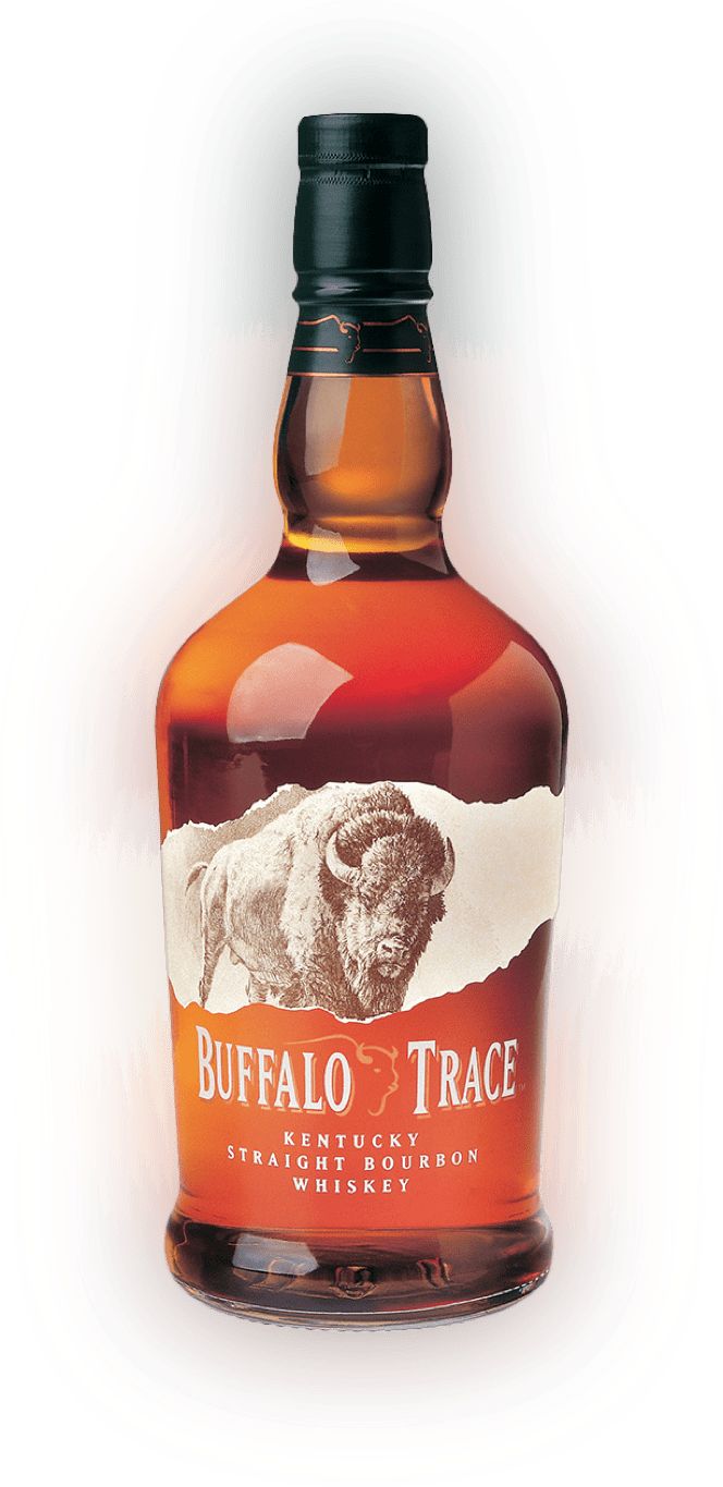 a bottle of buffalo trace bourbon whiskey on a white background with an image of a bison