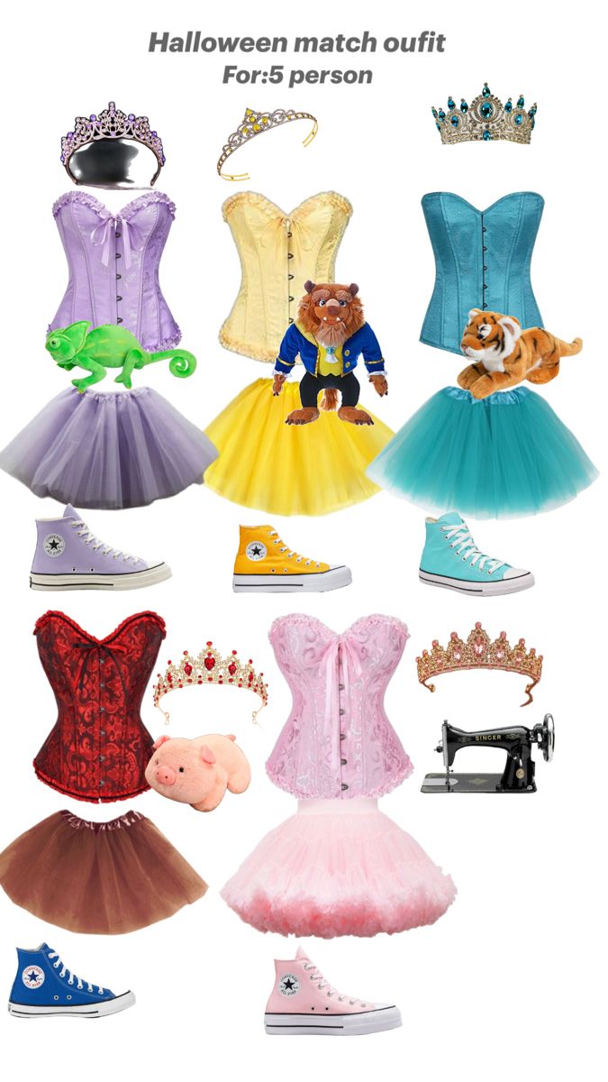 several different types of princess dresses and shoes