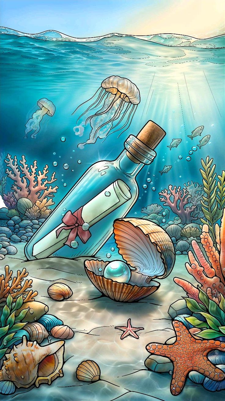 an image of a bottle with jellyfish and starfish on it in the ocean