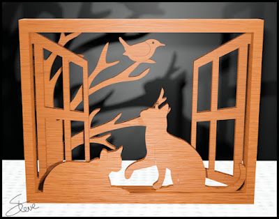 a wooden cutout of a dog and cat in front of an open window with a bird on it