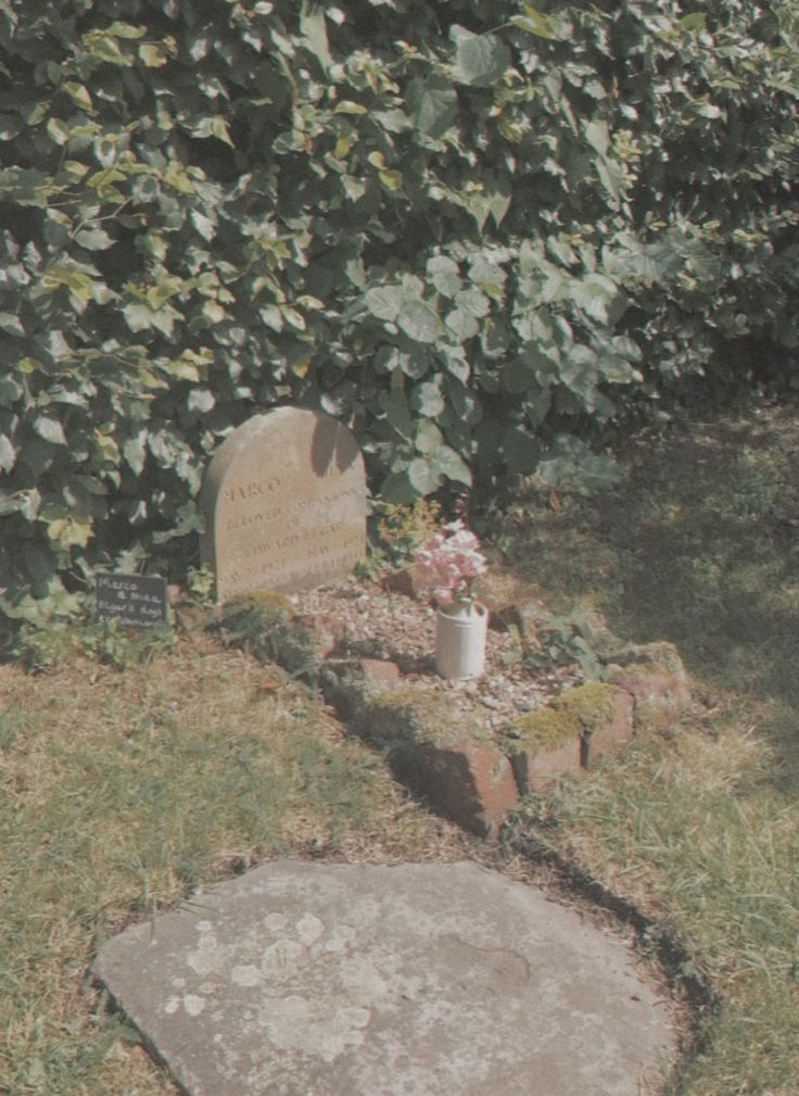 a grave in the middle of some grass