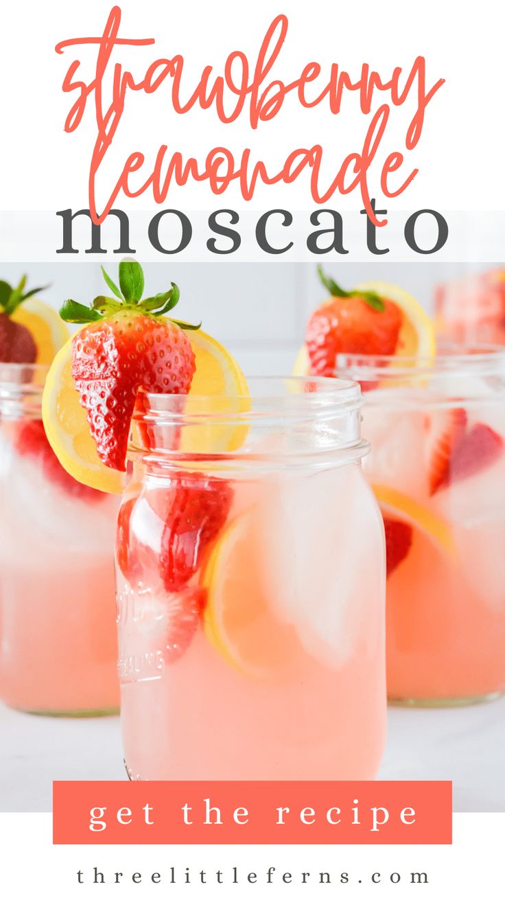 strawberry lemonade moscato in mason jars with strawberries