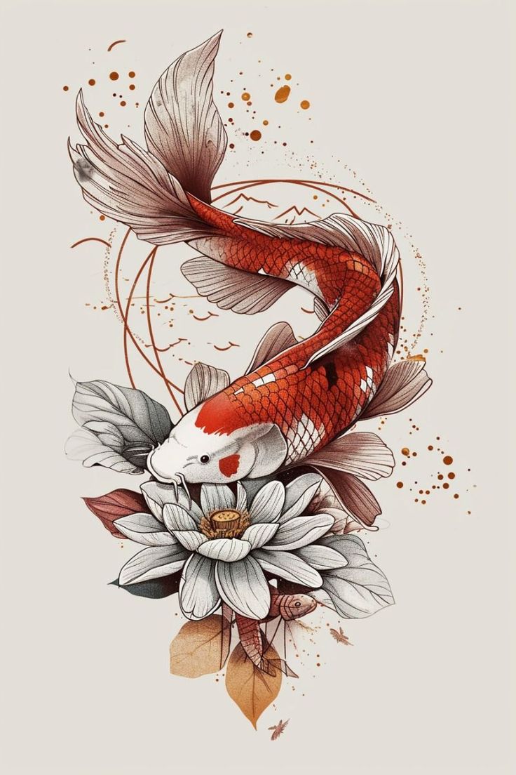 a drawing of a koi fish and flowers