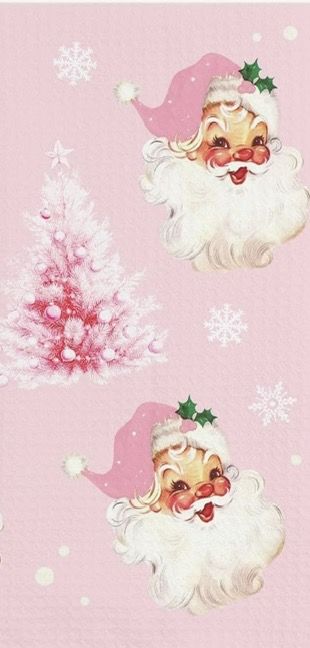 a pink background with santa claus and a christmas tree