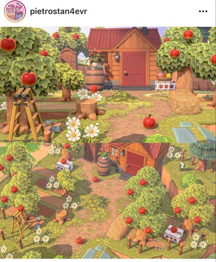 an animated farm scene is shown with apples on the trees and flowers in the yard