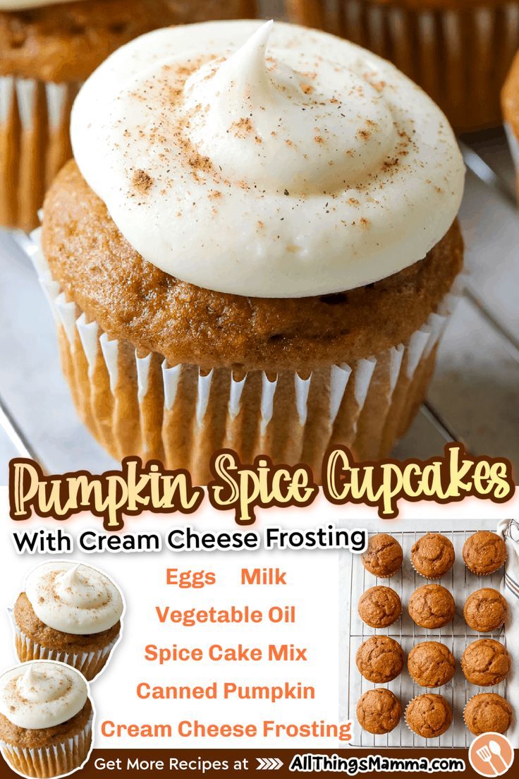 an advertisement for pumpkin spice cupcakes with cream cheese frosting and vanilla icing