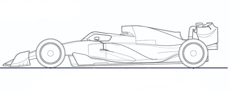 a line drawing of a race car with the front wheels facing forward, on a white background