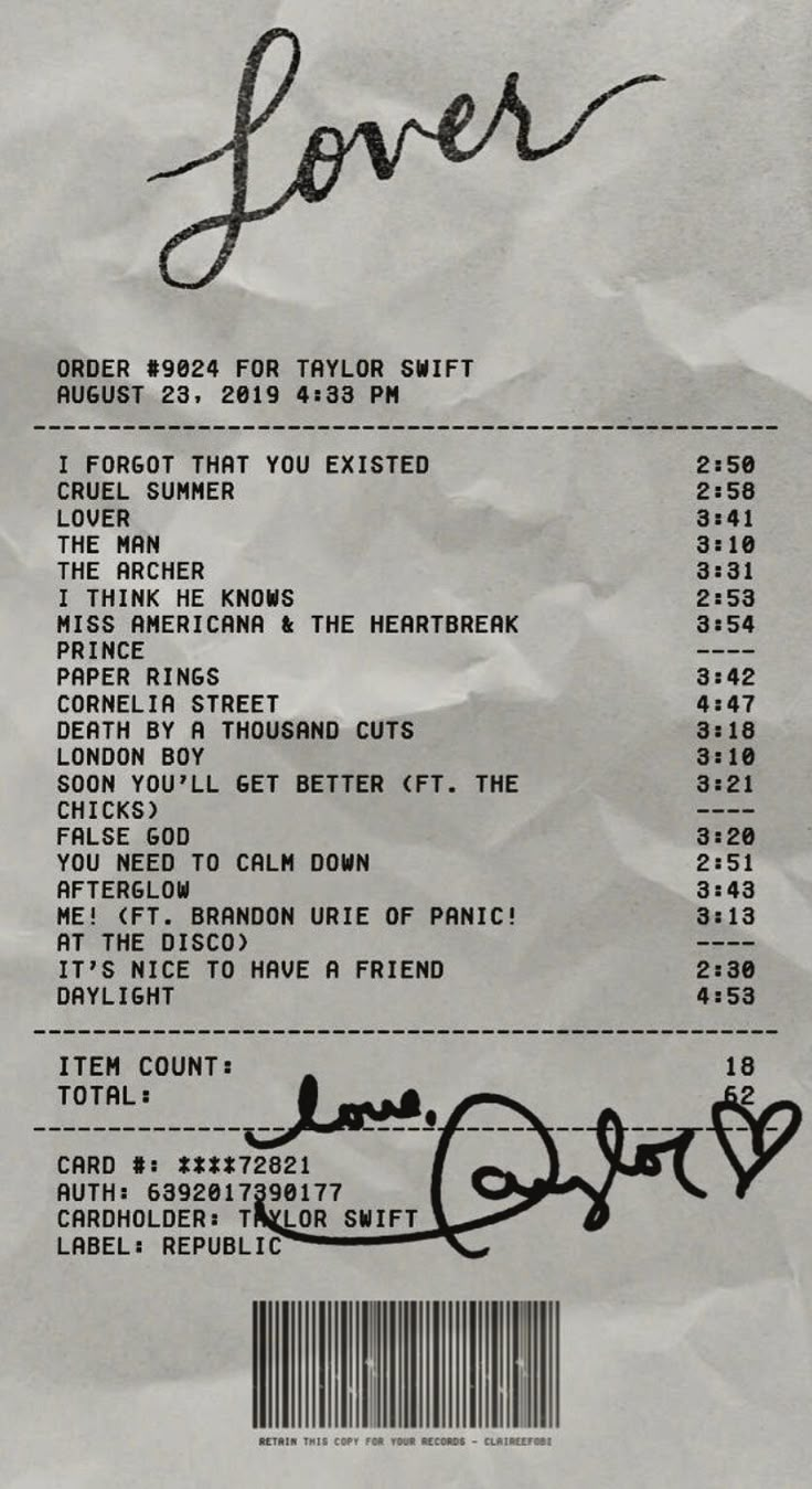 a receipt with the words love written on it