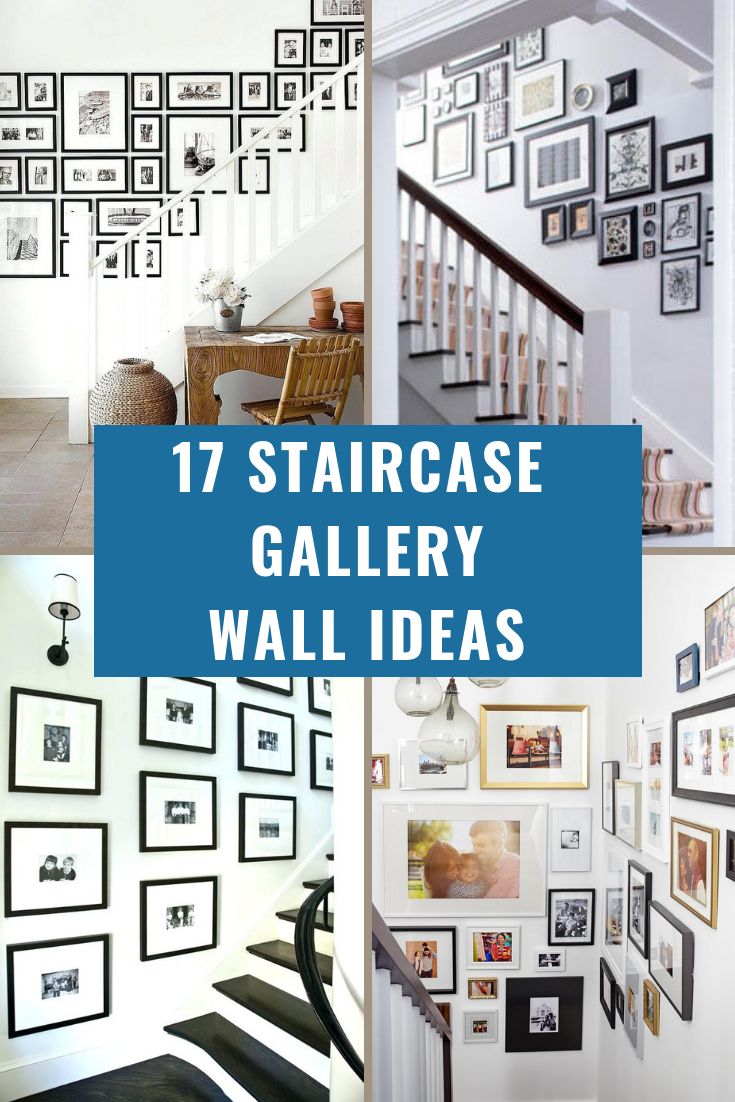 staircase gallery wall ideas with black and white pictures on the walls, stairs and railings