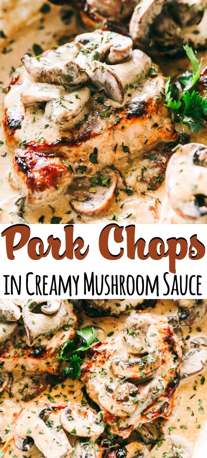 pork chops in creamy mushroom sauce with parsley sprigs on the side