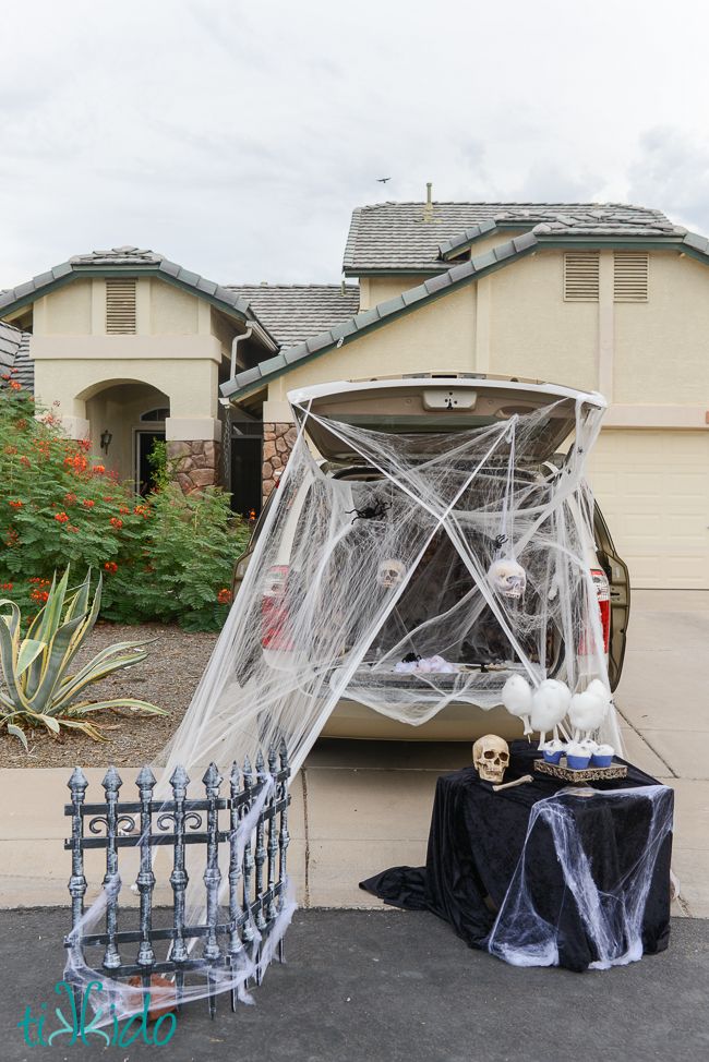 a car with a white net over it parked in front of a house