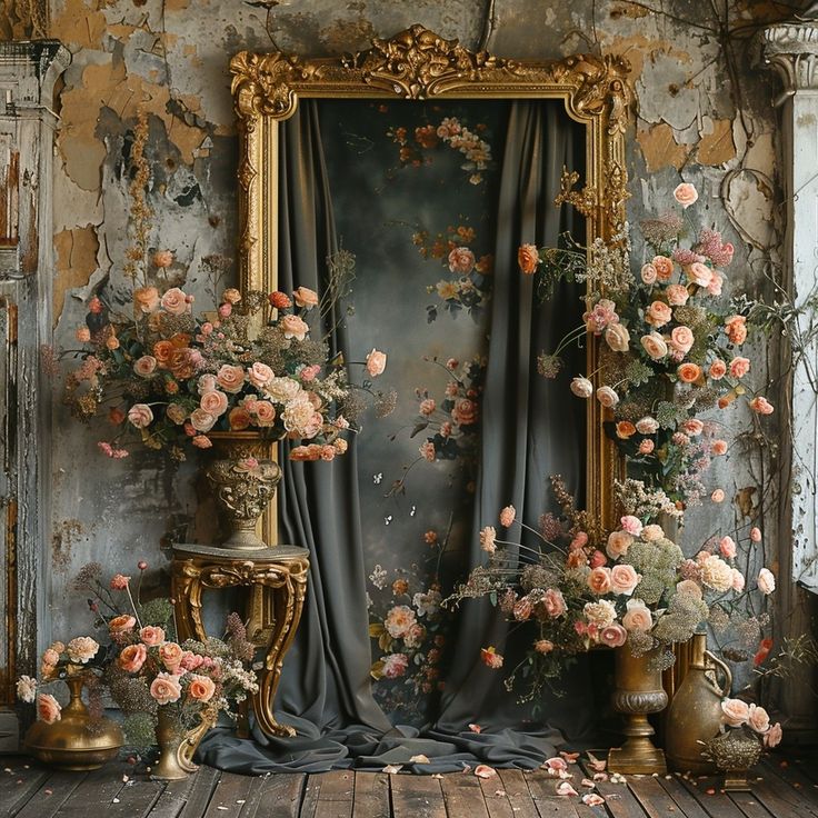 there is a painting on the wall with flowers in vases and an ornate gold frame