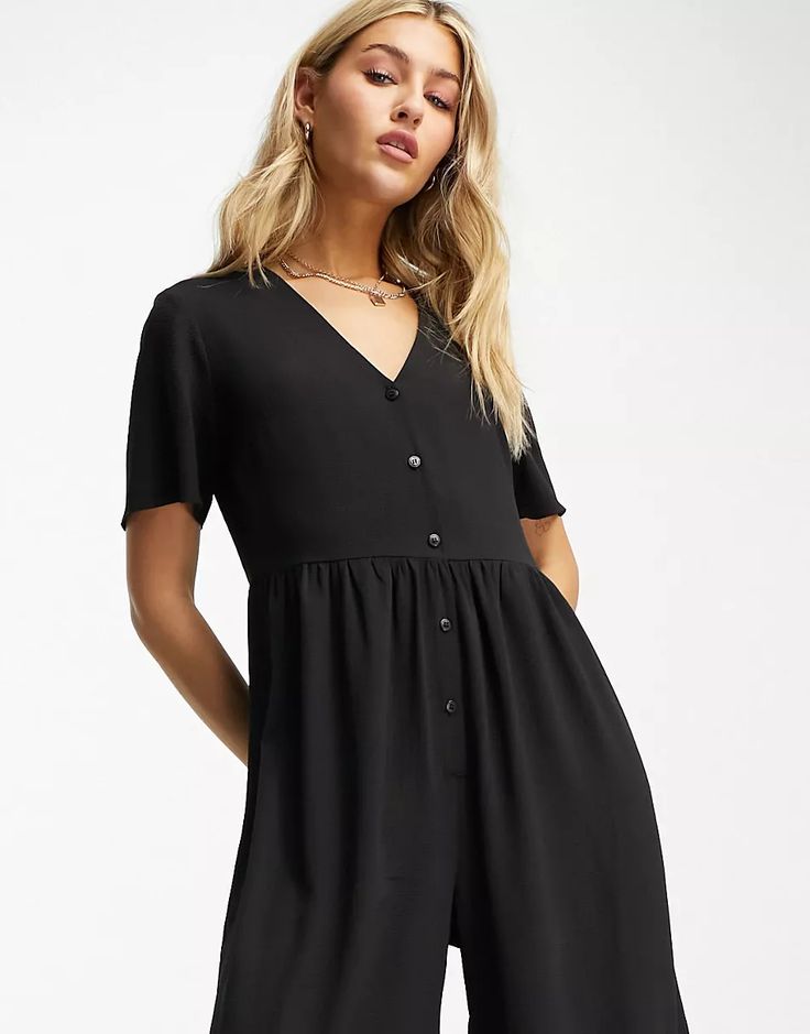 ASOS DESIGN short sleeve tea jumpsuit in black | ASOS Fitted V-neck Jumpsuits And Rompers With Buttons, Spring V-neck Jumpsuits And Rompers With Buttons, Chic V-neck Jumpsuits And Rompers With Button Closure, Summer V-neck Jumpsuits And Rompers With Buttons, Chic V-neck Jumpsuits And Rompers With Buttons, Fitted V-neck Jumpsuit With Button Closure, Fitted Jumpsuit And Romper With Button Closure And V-neck, Fitted Jumpsuit With Button Closure And V-neck, Casual V-neck Jumpsuit With Button Closure