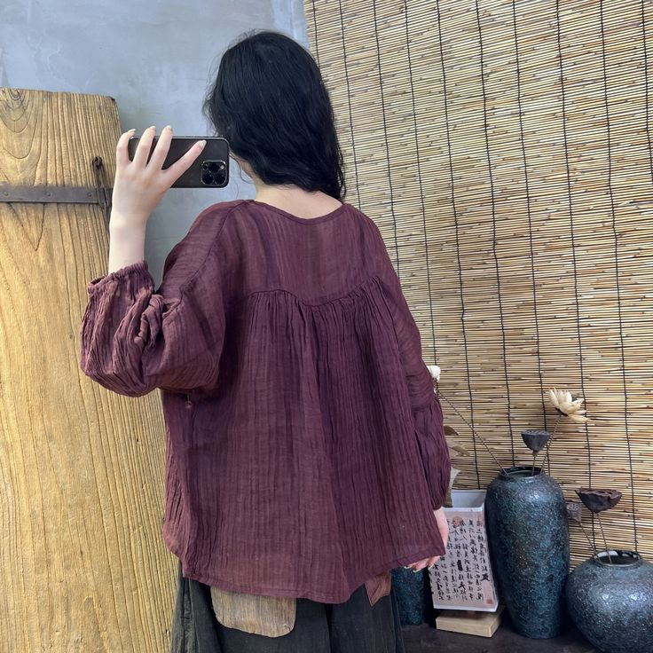 Lightweight Linen Breathable Blouse – Retrosia Brown Long Sleeve Bohemian Blouse, Oversized Cotton Blouse With 3/4 Sleeves, Oversized Bohemian V-neck Top, Oversized V-neck Bohemian Tunic, Oversized V-neck Lagenlook Top, Wine Red, Size Chart, Red