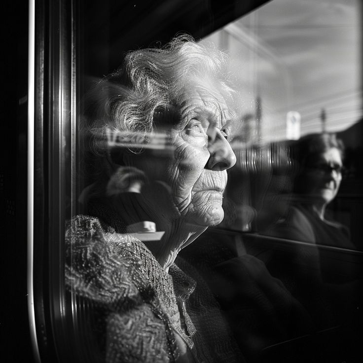 an old woman looking out the window on a train with another person in the background