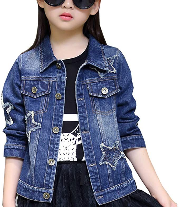 Amazon.com: Denim Jackets Girl Denim Jackets Classic Basic Button Down Coat Girls’ Outwear: Clothing Girls Outwear, Star Patches, Girls Denim Jacket, Pearl Beading, Winter Outfits For Girls, Denim Jacket Fashion, Long Sleeve Denim Jacket, Winter Outwear, Vintage Denim Jacket