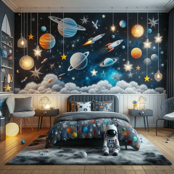 a bedroom decorated with space themed wallpaper