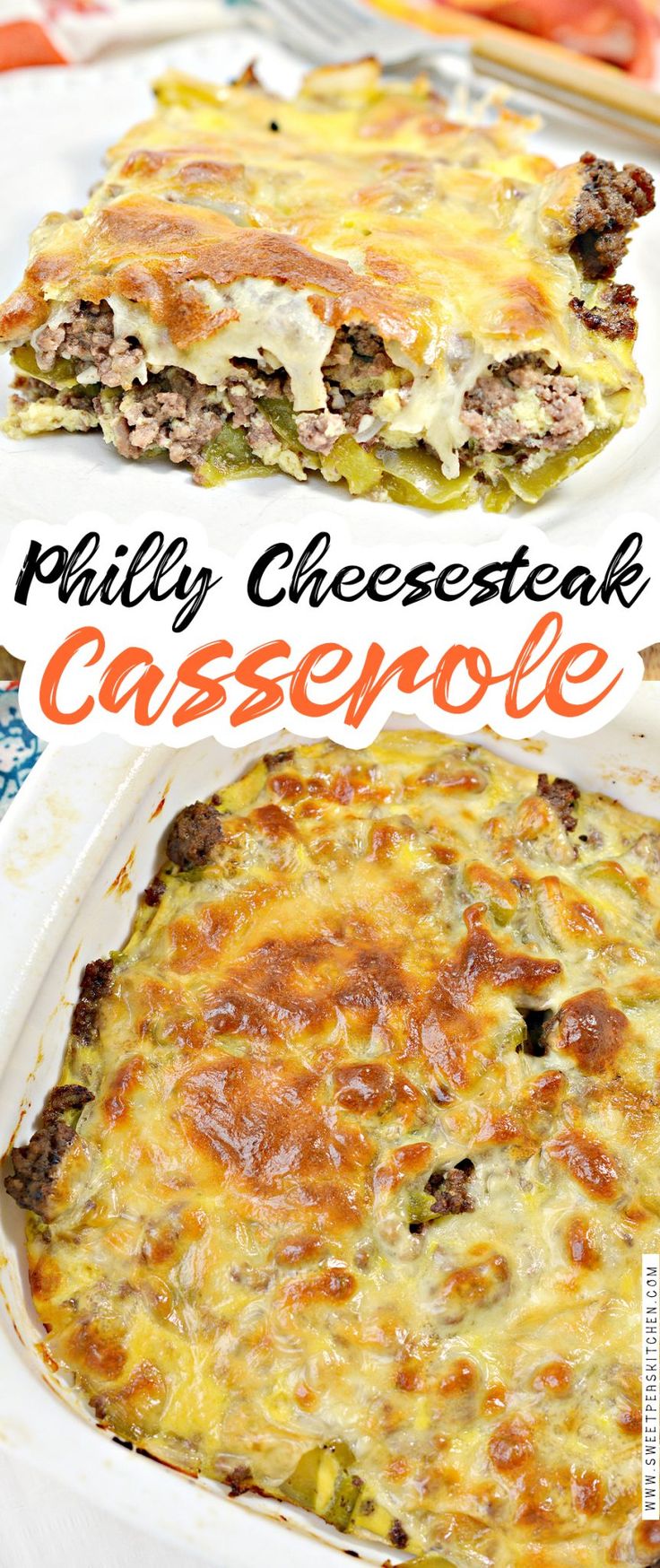 a casserole dish with meat and cheese in it on a plate next to the casserole