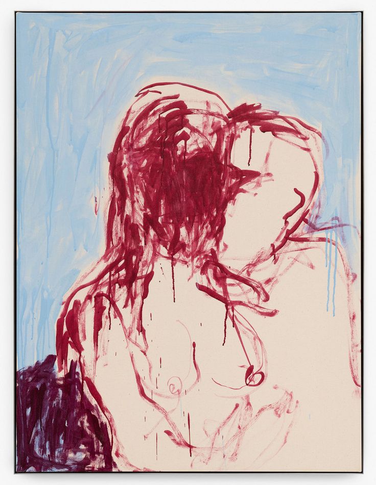 an abstract painting of a woman's torso in red, blue and pink colors