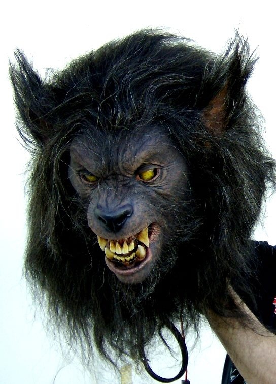 a man wearing an animal mask with long hair and fangs on it's face