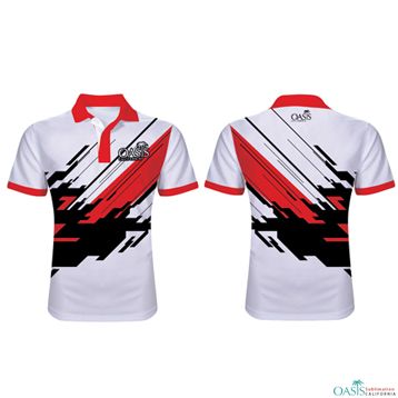 Sublimated #Sport Polo Shirts – #White, #Red and #Black Polo:  Check out this #wholesale #stylish collection of the zoomed white with red and black print sublimation polo #shirt from the reputed #manufacturer in #USA... https://goo.gl/CdpFHd Polo Shirt Sublimation Design, Red Shirt Design, Black Polo T Shirt, Badminton T Shirts, Work Polo Shirts, Sports Tshirt Designs, Sport Shirt Design, Polo Shirt Brands, Polo Shirt Style