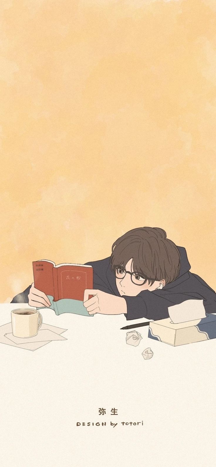 a person laying down reading a book with a cup of coffee in front of them