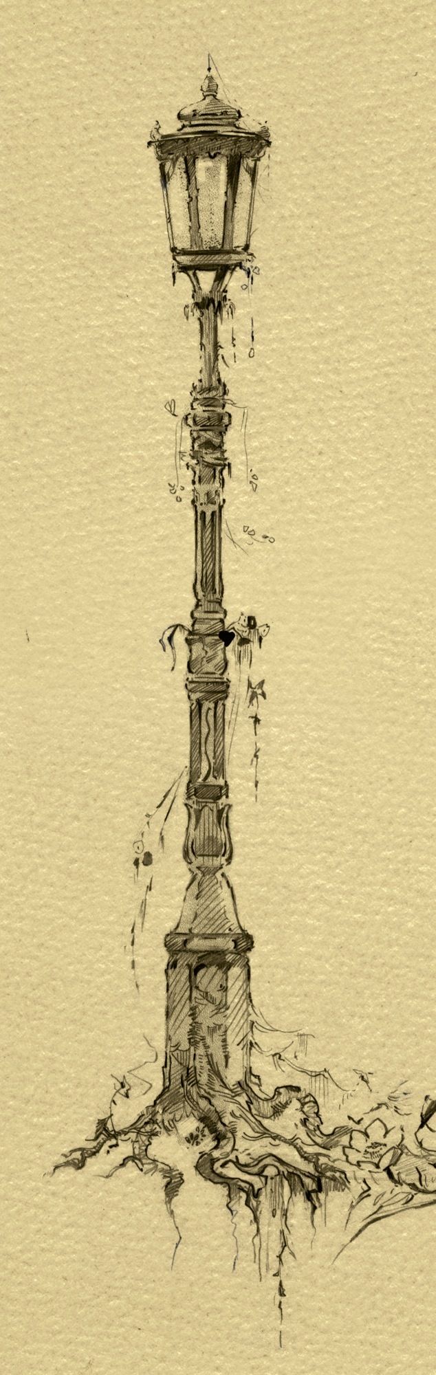 a drawing of a lamp post in the rain