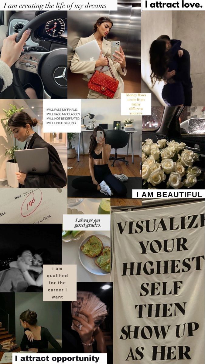 a collage of images with words and pictures on them, including an image of a woman using a laptop