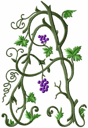 the letter a is made up of vines and leaves with purple flowers on it's stems