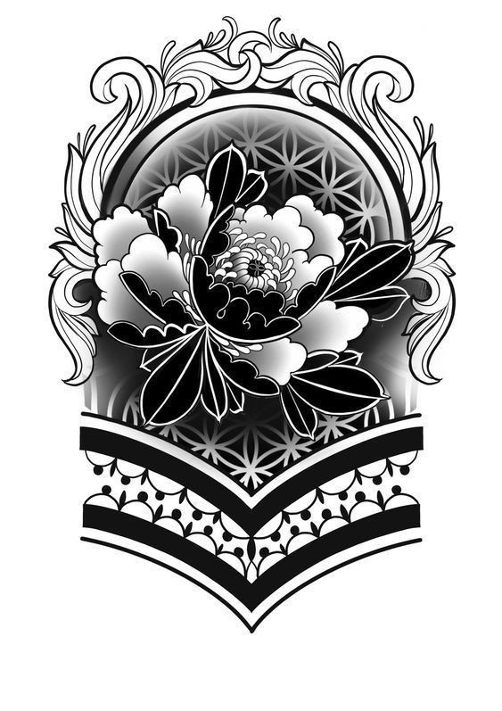 a black and white drawing of a flower on an ornate frame with stars in the background