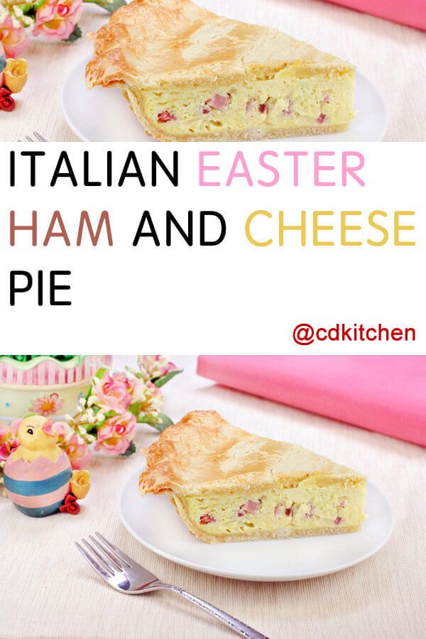 two plates with pies on them and the words italian easter ham and cheese pie