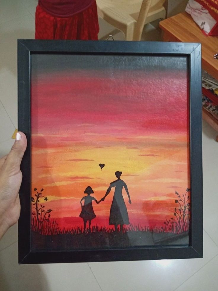 a painting of a man and woman holding hands with the sun setting in the background