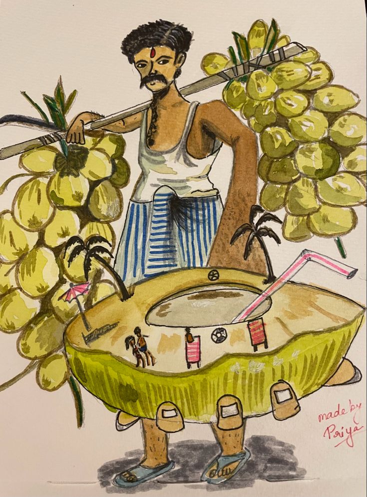 a drawing of a man standing next to a bunch of grapes and holding a knife