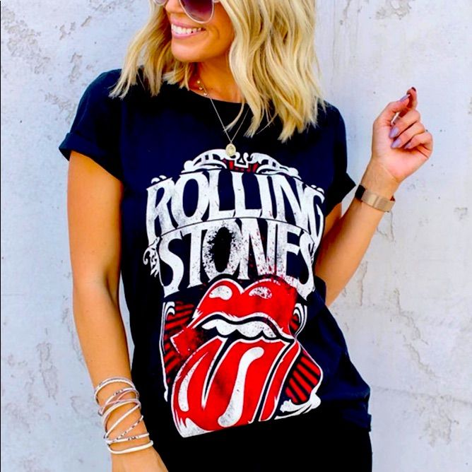 Awesome Rolling Stones Rock Band Tshirt! Large 40-42” Bust Summer Rock T-shirt With Band Logo, Trendy Band Logo T-shirt For Concerts, Spring Rock Style Crew Neck T-shirt, Rock And Roll T-shirt With Band Logo For Summer, Black T-shirt For Spring Concert, Black T-shirt For Concerts In Spring, Rock Style Short Sleeve T-shirt For Fall, Edgy Band Logo T-shirt For Summer, Edgy Graphic Print Tops For Music Festivals