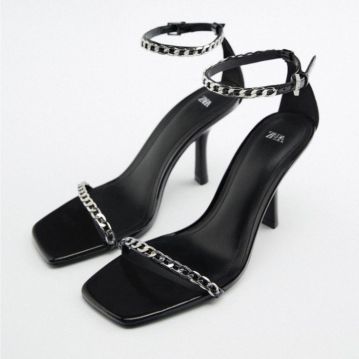 Genuine Zara New With Tag Color: Black/ Silver Sexy High Heel Sandals With Chain Trims On Front & Ankle Strap. 3.5 Inches Heel Height. Square Toes. Euro Size 38 Trendy Chain Strap Sandals For Party, Chain Strap Open Toe Sandals For Night Out, Open Toe Heels With Chain Strap For Party, Trendy Chain Strap Party Sandals, Chain Strap Open Toe Party Heels, Summer Evening Sandals With Chain Detail, Party Open Toe Heels With Chain Strap, Chain Strap Open Toe Heels For Parties, Party Heels With Chain Strap And Open Toe