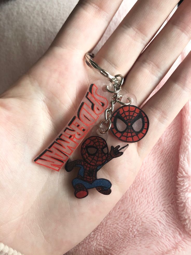 a hand holding a spider man key chain