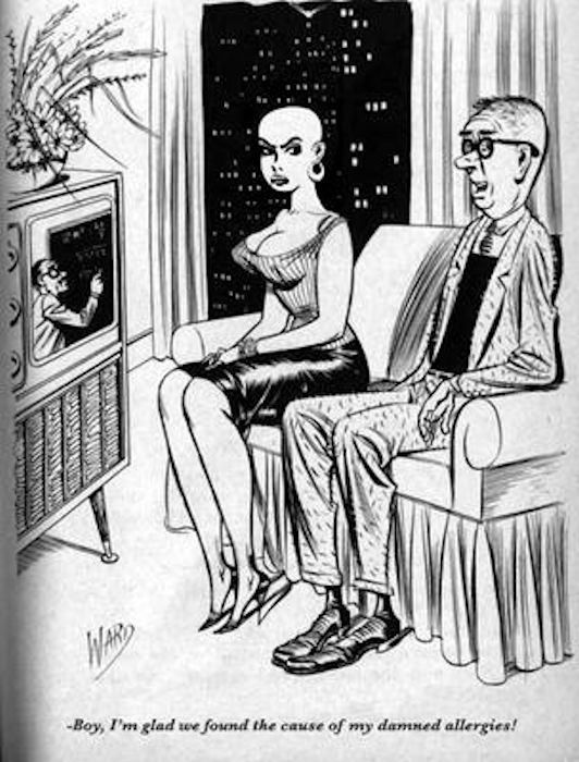 an old black and white cartoon shows a man watching tv while a woman sits on the couch