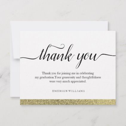 a thank card with gold glitter on the bottom and black lettering that reads, thank you