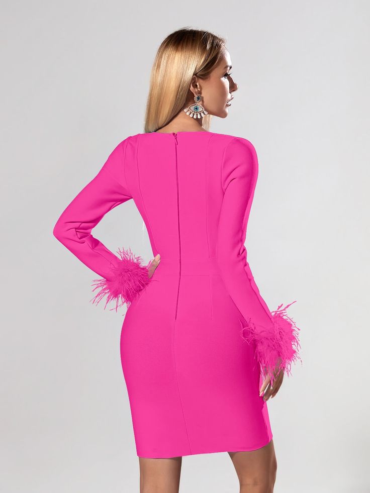 Vibrant and luxurious, the Candace Bandage Long Sleeve Feather Dress will turn heads. Crafted from a high-quality pink bandage fabric and featuring a sweetheart neckline, this mini dress will add a touch of class and glamour to any event. The added feather detailing on the sleeves adds a subtle, sophisticated flair making it perfect for evenings out or special occasions. Material: Nylon, Spandex Elasticity: High Stretch Closure Type: zipper Pink Sweetheart Neckline Club Dress, Pink Sweetheart Neckline Dress For Club, Pink Knee-length Bodycon Cocktail Dress, Pink Bodycon Dress With Sweetheart Neckline For Party, Pink Mini-length Bodycon Bandage Dress, Pink Mini Length Bodycon Bandage Dress, Pink Knee-length Bodycon Evening Dress, Pink Mini Bodycon Dress For Cocktail, Pink Bodycon Mini Bandage Dress