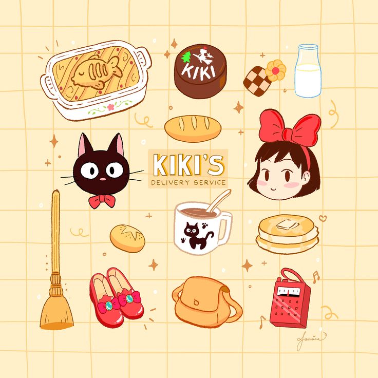 an image of some food and drinks on a tile background with the words kiki's delivery service