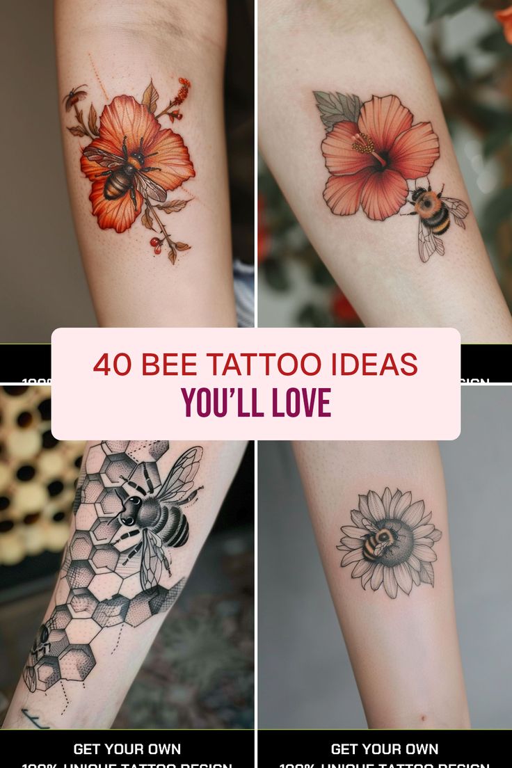 four different tattoo designs with the words 40 bee tattoo ideas you'll love